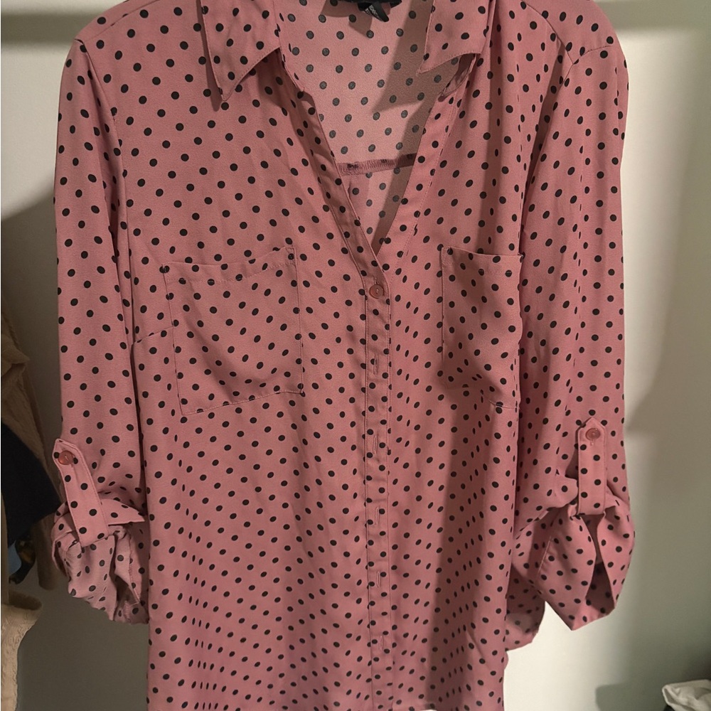 Iz Byer Pink Polka Dot Button Down Shirt